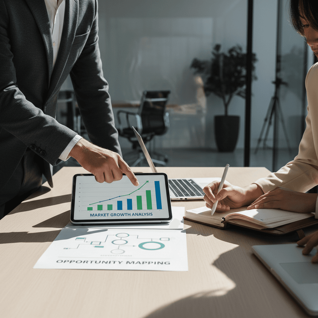 Two business professionals reviewing market analysis documents and growth strategy at a conference table with natural lighting